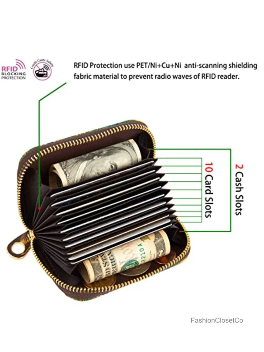 RFID Blocking Zipper Leather Card Case Wallet with Keychain